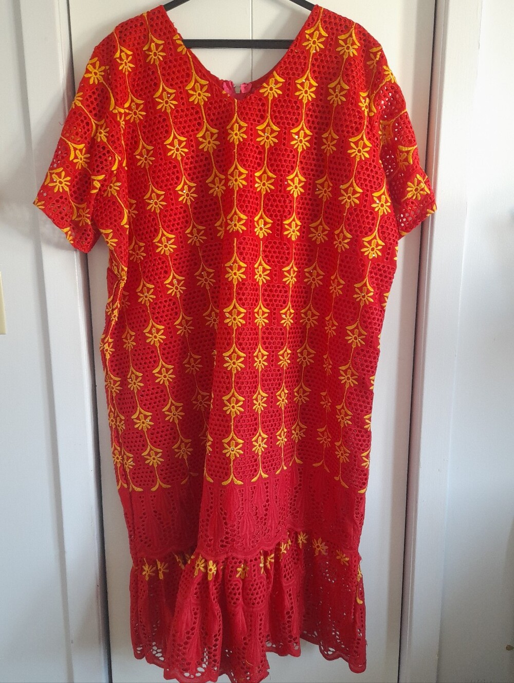 Girls Red and Yellow Eyelet Lace Dress